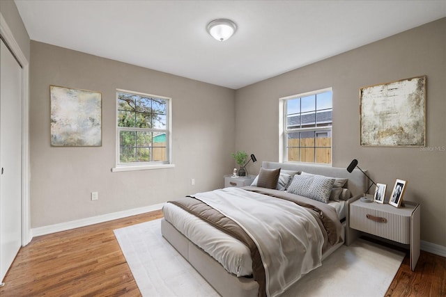 bedroom featuring wood-type flooring and multiple windows