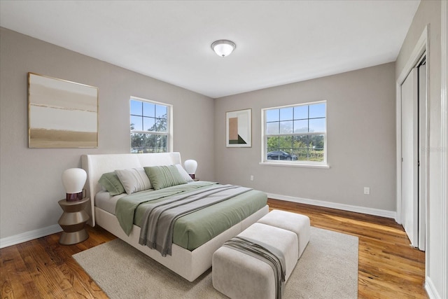 bedroom with wood-type flooring and multiple windows