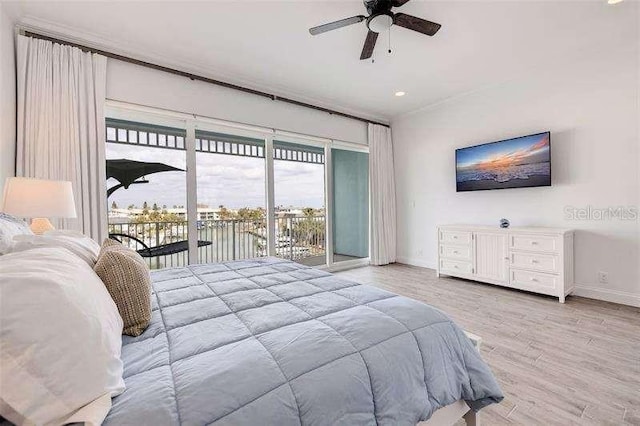 bedroom with ceiling fan, light wood-type flooring, and access to outside