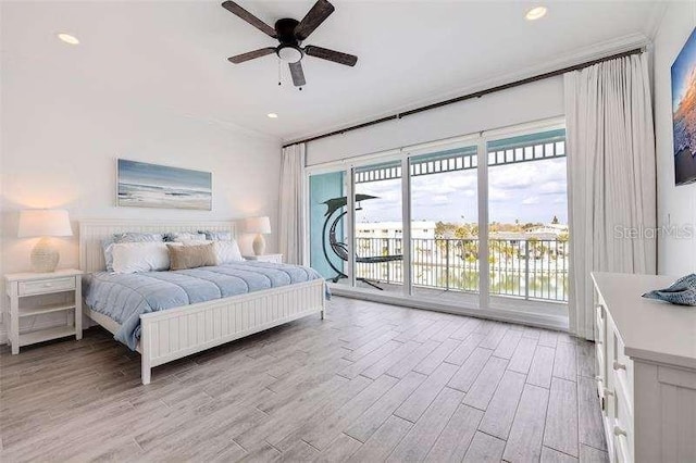 bedroom with ceiling fan, access to exterior, and light hardwood / wood-style floors