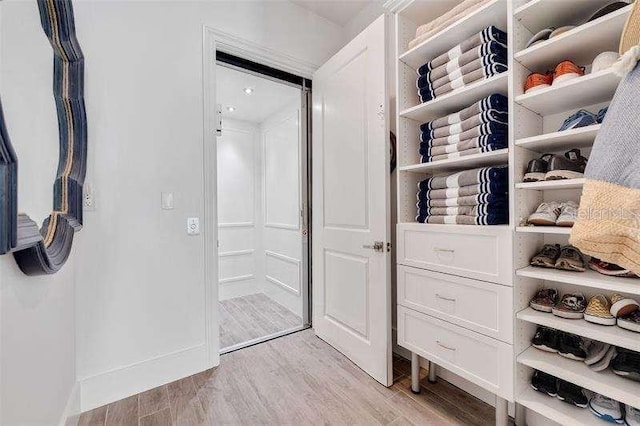 walk in closet with light wood-style flooring