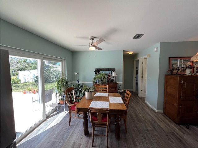 dining room featuring dark hardwood / wood-style floors and ceiling fan