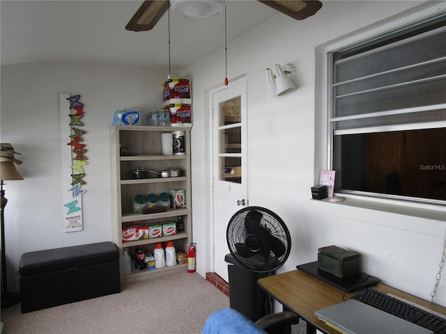 carpeted office space featuring ceiling fan