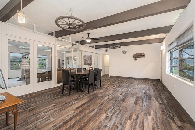 dining room featuring beamed ceiling, ceiling fan, dark hardwood / wood-style flooring, and french doors