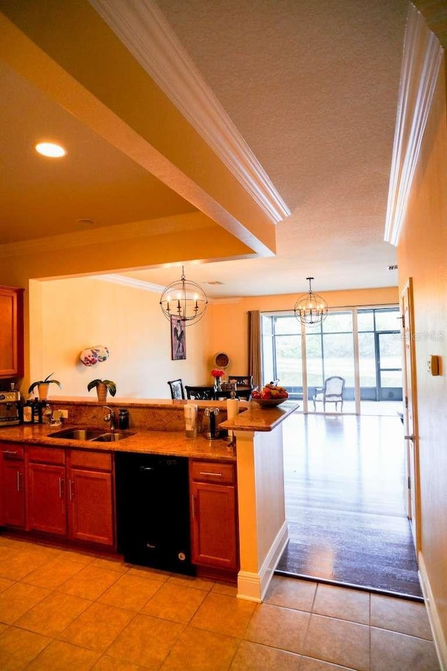 kitchen with light tile patterned floors, a sink, black dishwasher, crown molding, and a notable chandelier