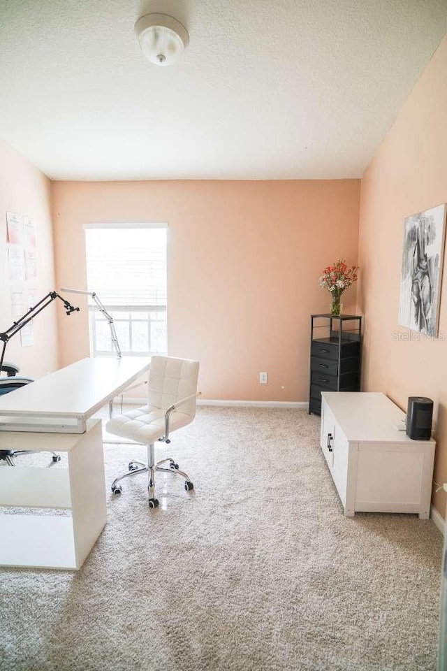 home office with a textured ceiling, baseboards, and light carpet