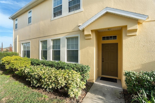 view of exterior entry with stucco siding