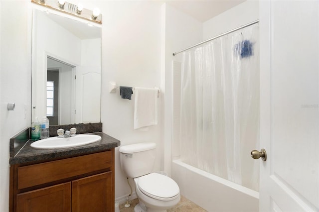 full bath featuring toilet, shower / bath combination with curtain, and vanity