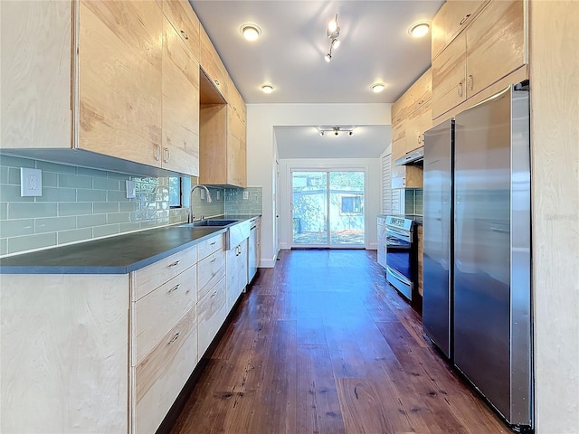 kitchen featuring light brown cabinets, plenty of natural light, dark hardwood / wood-style floors, stainless steel appliances, and decorative backsplash