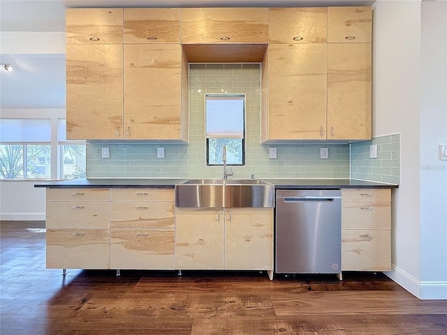 kitchen with dishwasher, sink, stainless steel counters, and backsplash