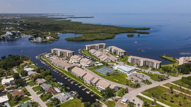 drone / aerial view with a water view