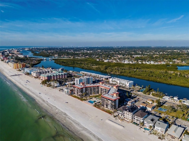 aerial view featuring a water view and a view of the beach