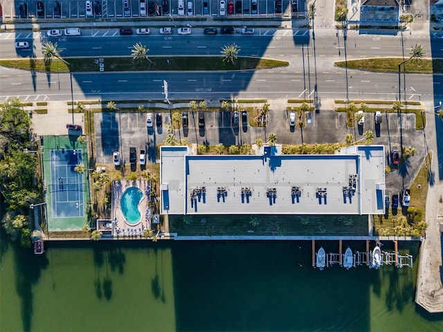 drone / aerial view with a water view