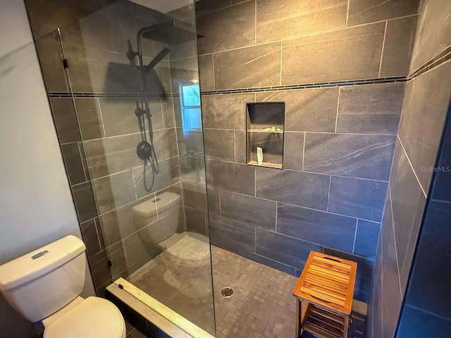 bathroom with a tile shower and toilet