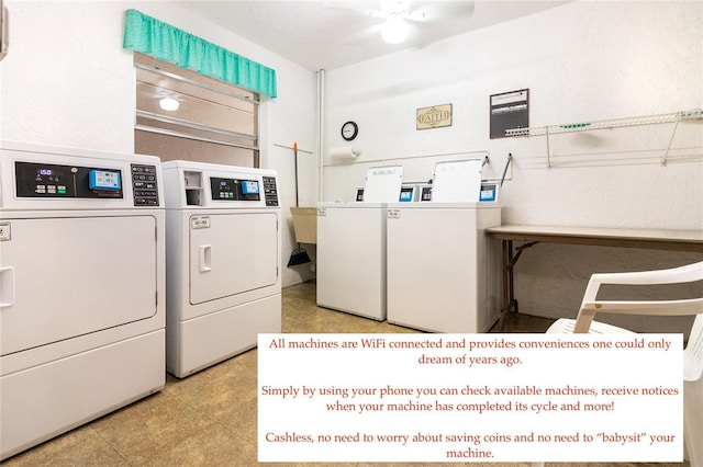 laundry area with ceiling fan and washing machine and clothes dryer