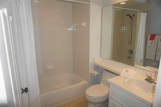 full bathroom with vanity, shower / bath combination with curtain, and toilet