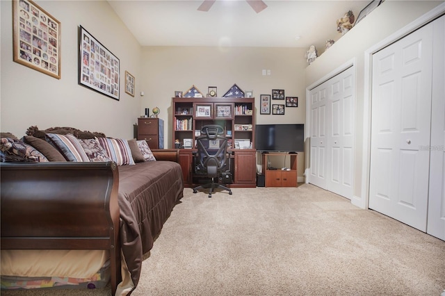 office with ceiling fan and carpet