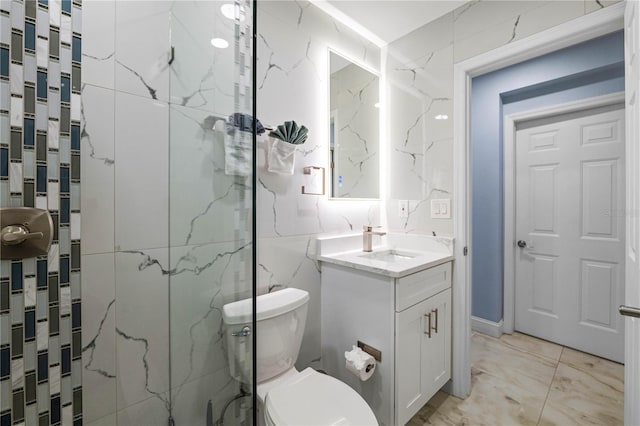 bathroom with walk in shower, vanity, toilet, and tile walls