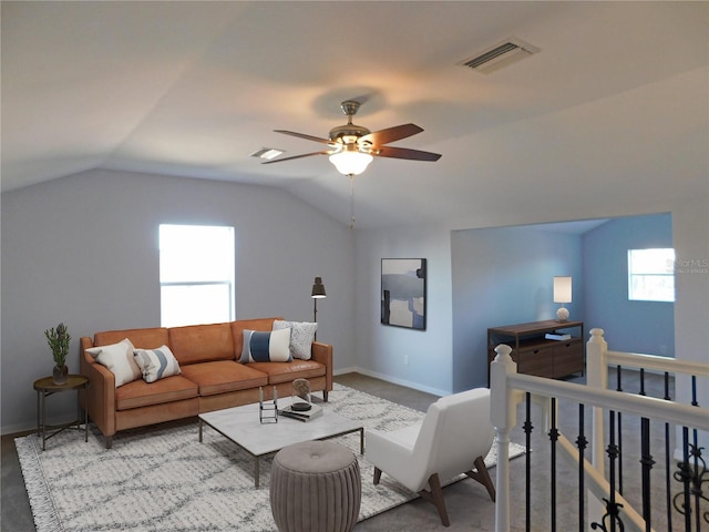 living room with vaulted ceiling and ceiling fan