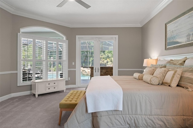 carpeted bedroom featuring crown molding, ceiling fan, access to exterior, and french doors