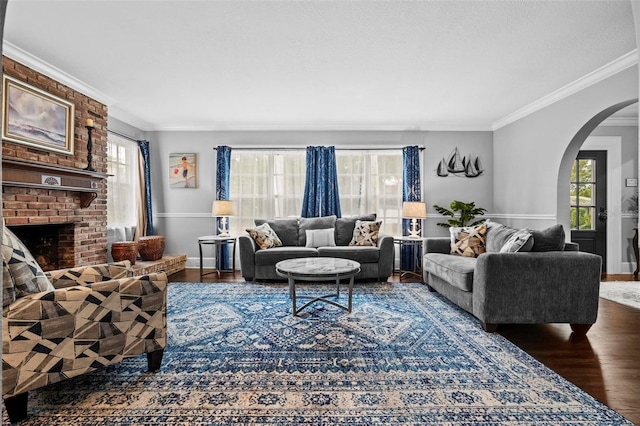 living room with crown molding, a fireplace, hardwood / wood-style floors, and a wealth of natural light