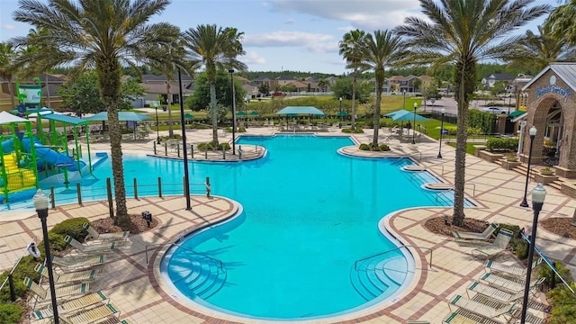 view of swimming pool featuring a patio