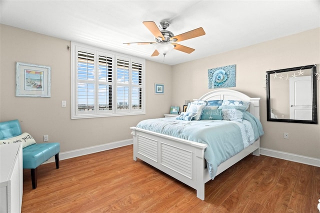 bedroom with ceiling fan and light wood-type flooring