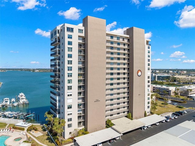 view of building exterior featuring a water view