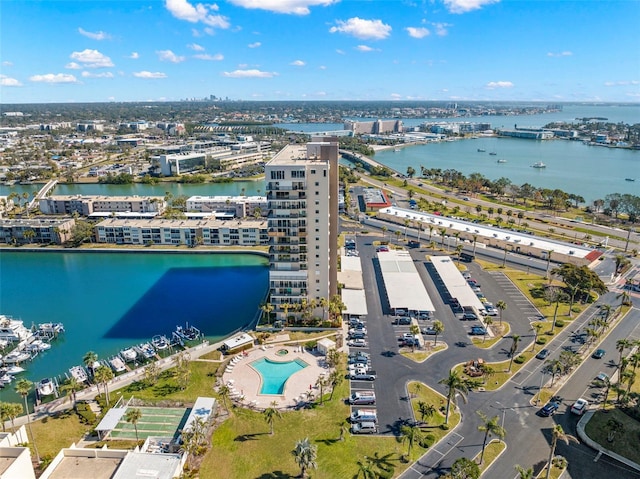 bird's eye view with a water view