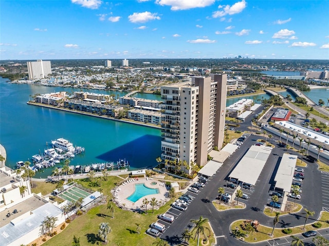 aerial view featuring a water view