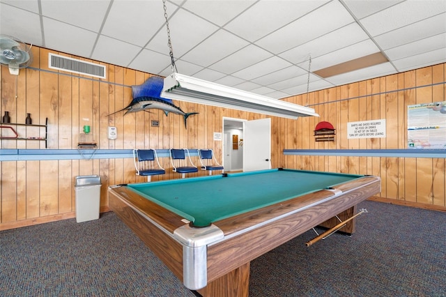 playroom with a drop ceiling, dark carpet, and pool table