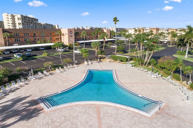 view of swimming pool featuring a patio area