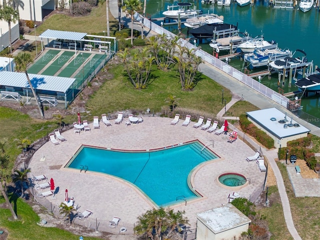 aerial view featuring a water view