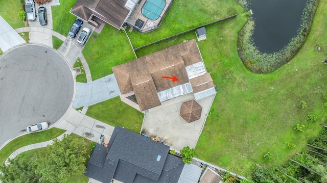 aerial view featuring a water view