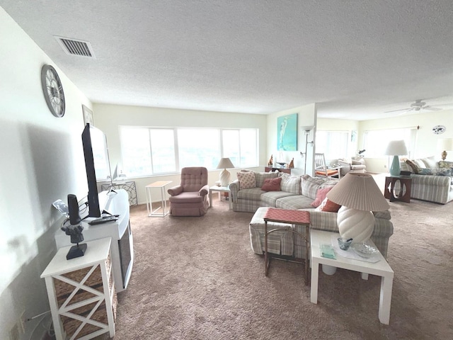 living room featuring dark colored carpet and a textured ceiling