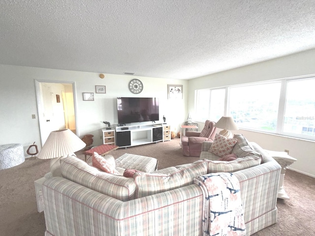 living room featuring a textured ceiling and carpet flooring