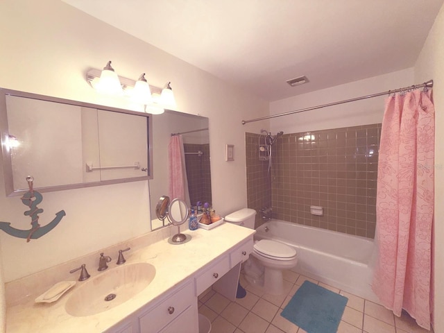 full bathroom with tile patterned flooring, vanity, shower / bathtub combination with curtain, and toilet