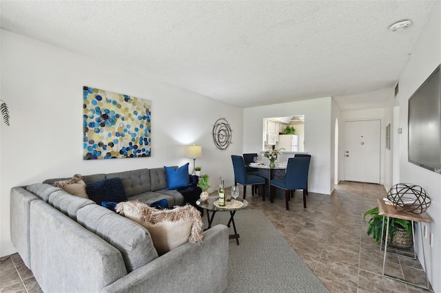 living room featuring a textured ceiling