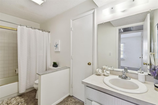 full bathroom featuring vanity, shower / bath combo, toilet, and a textured ceiling