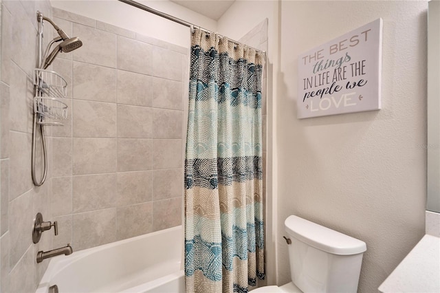 bathroom with shower / bathtub combination with curtain and toilet