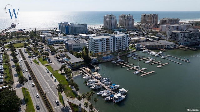 drone / aerial view with a water view