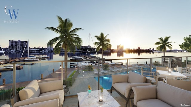 dock area with an outdoor living space, a balcony, a water view, and a community pool