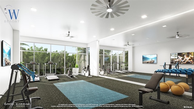 workout area with ceiling fan