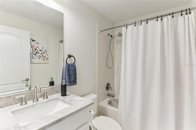 full bathroom featuring vanity, shower / bath combination with curtain, and toilet