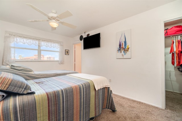 carpeted bedroom featuring a spacious closet, a closet, and ceiling fan