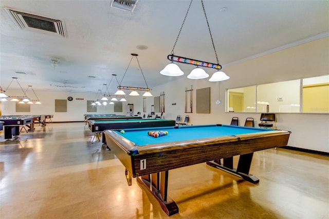 playroom with crown molding and billiards