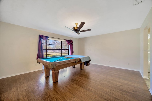 rec room with dark hardwood / wood-style flooring, pool table, and ceiling fan