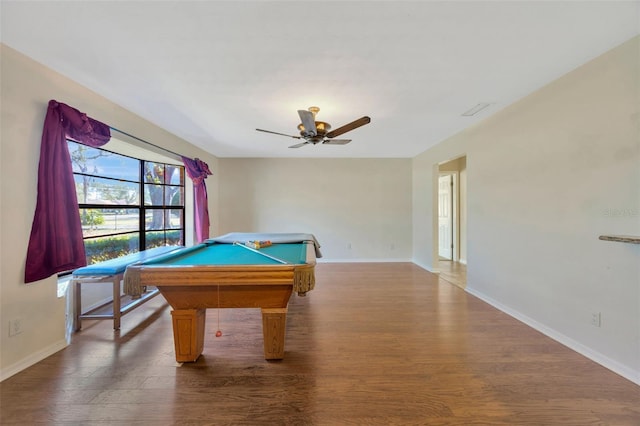 recreation room with ceiling fan, pool table, and wood-type flooring