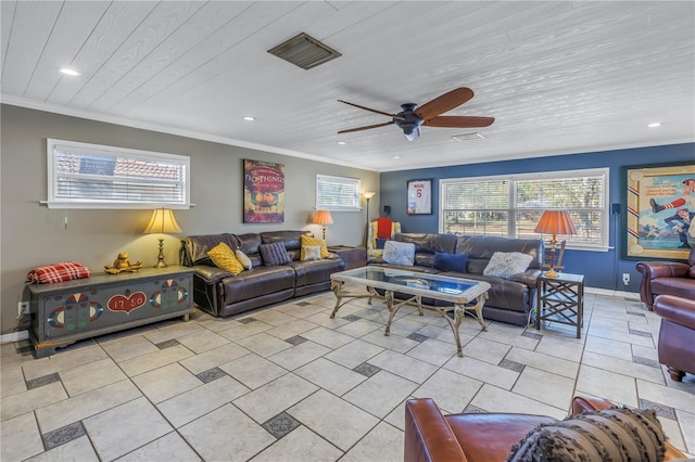 tiled living room featuring crown molding, plenty of natural light, and wooden ceiling