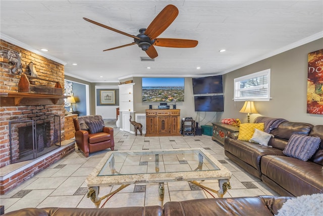 living room with crown molding, a fireplace, and ceiling fan